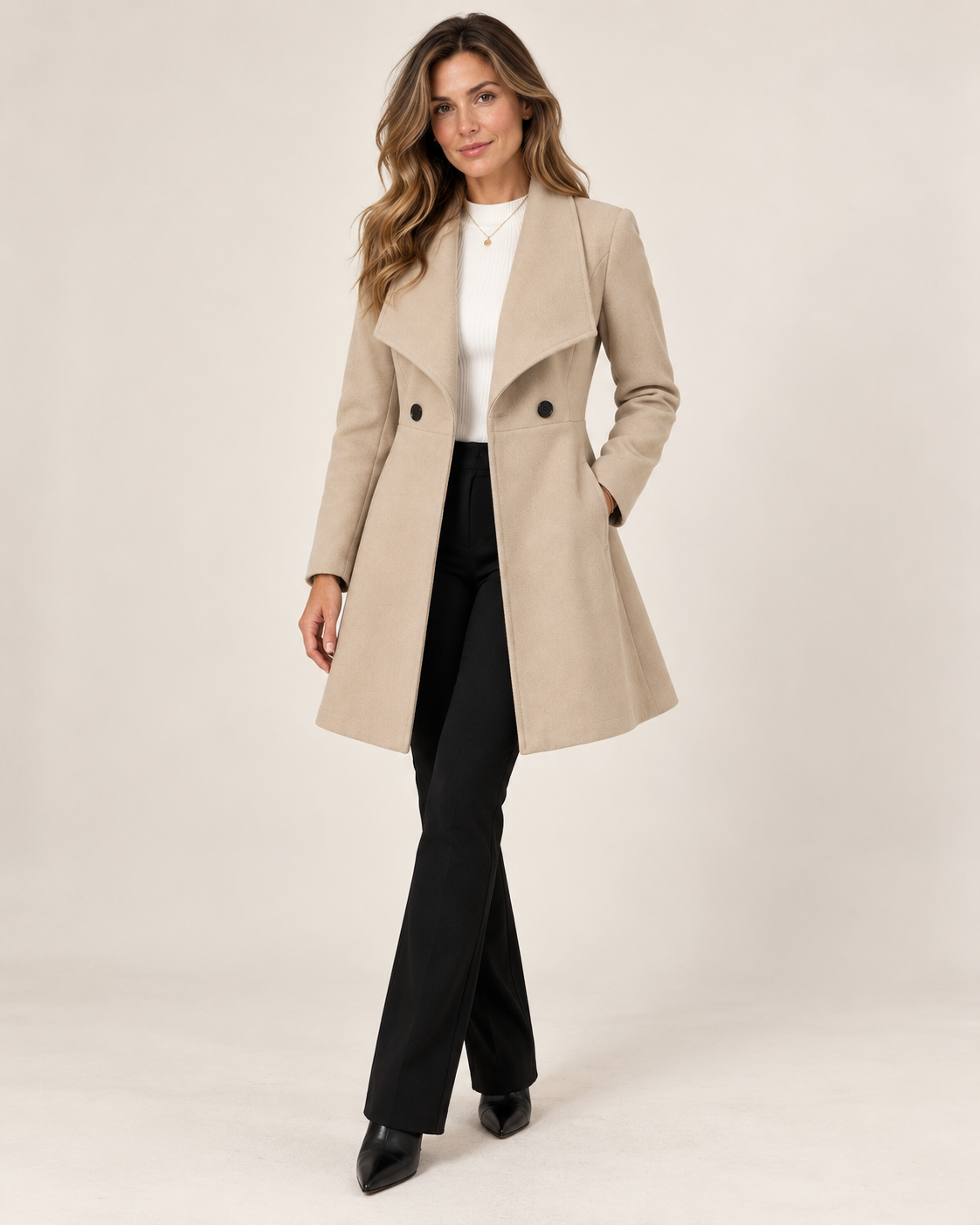 Olivia wool look wrap coat in apricot, front view