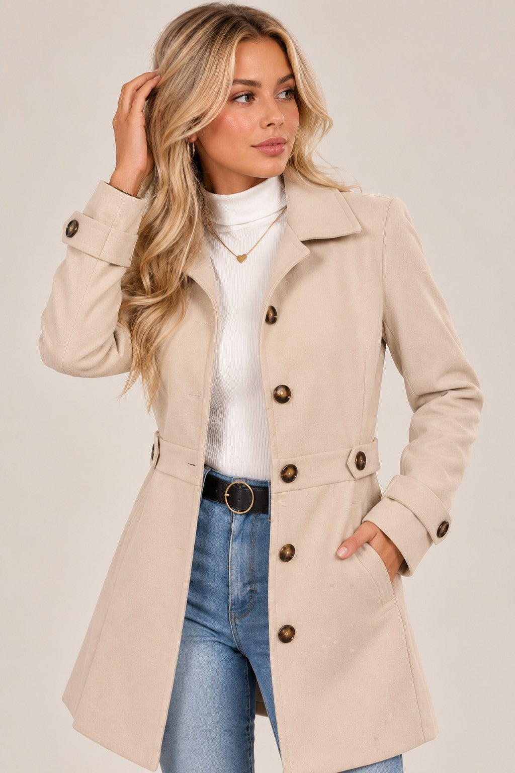 Claire tailored coat in beige, front view