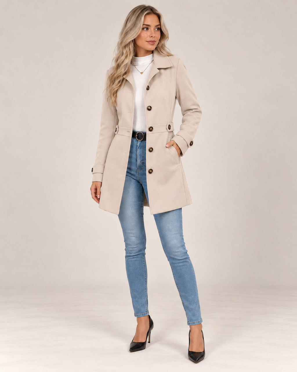 Claire tailored coat in beige, full length