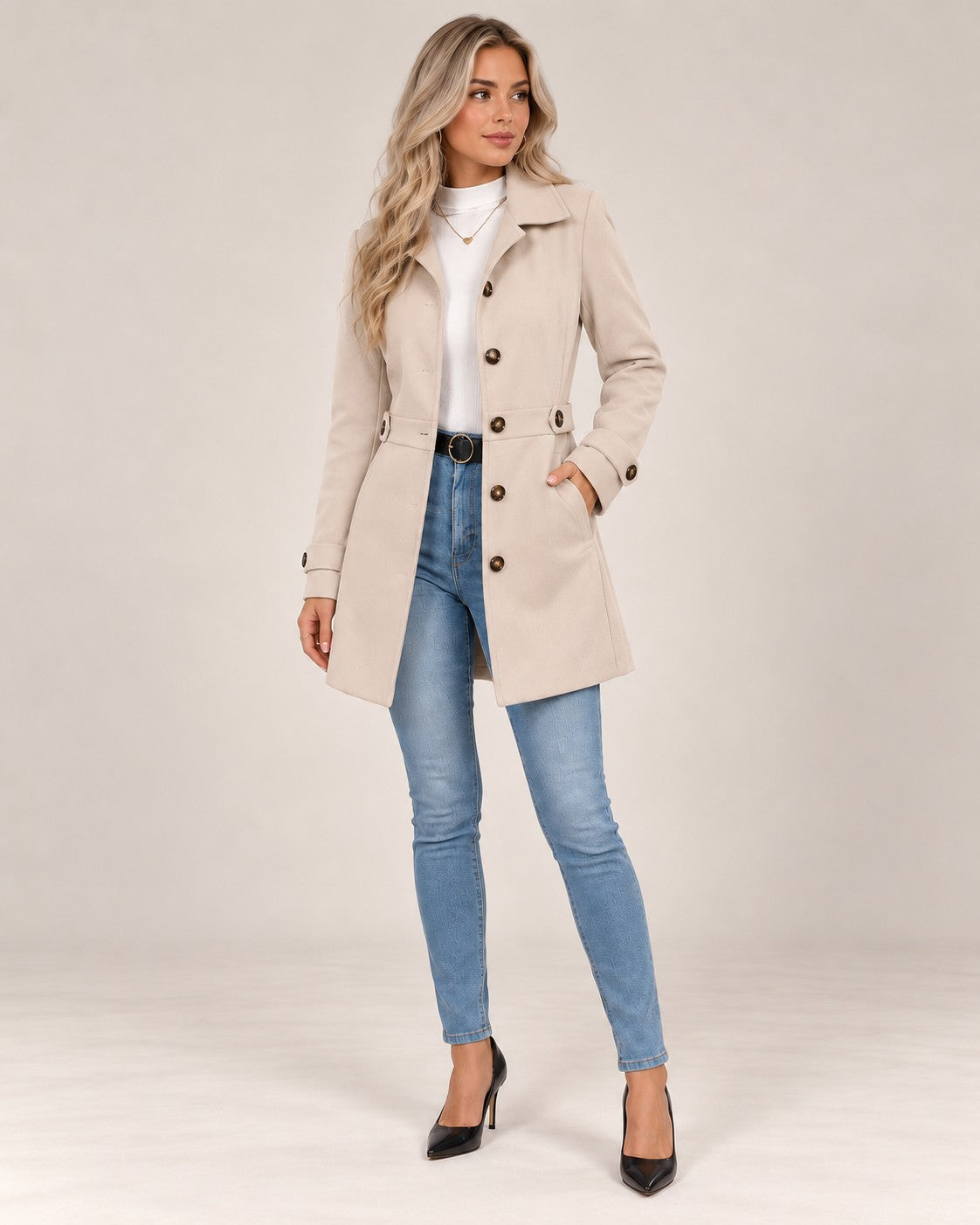 Claire tailored coat in beige, full length