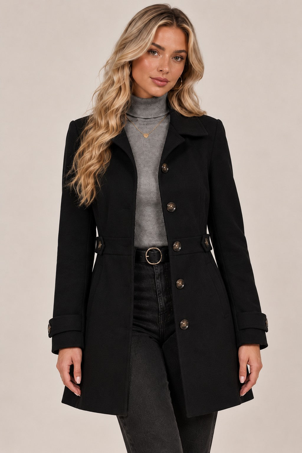 Claire tailored coat in black, front view