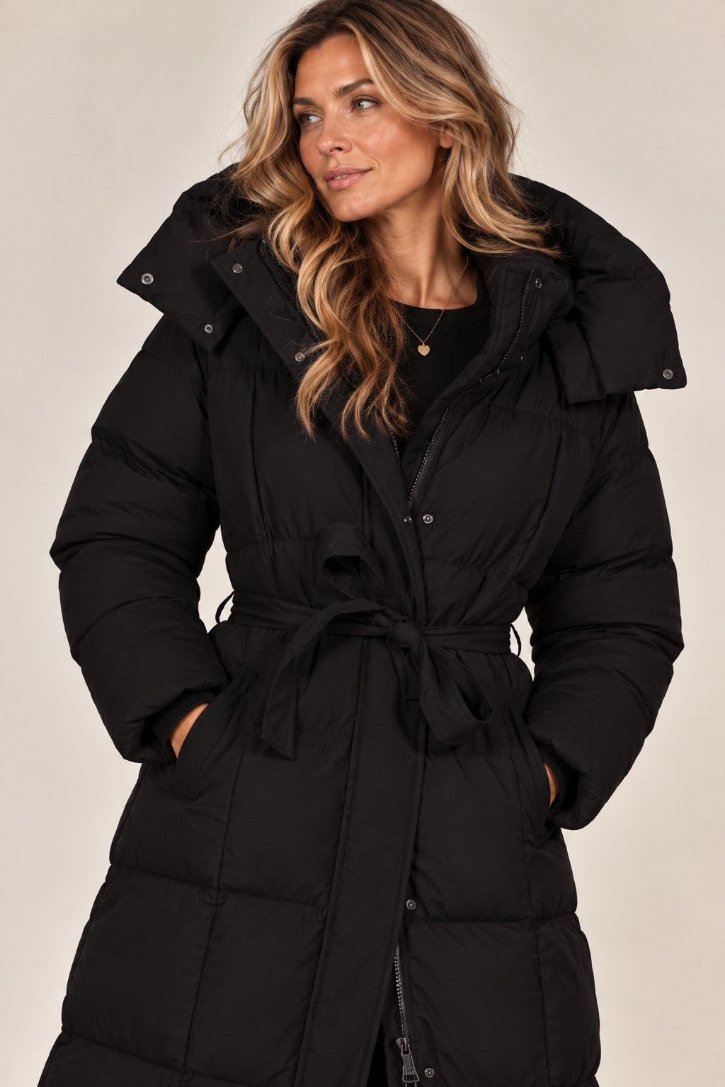 Isabella puffer jacket in black, front view