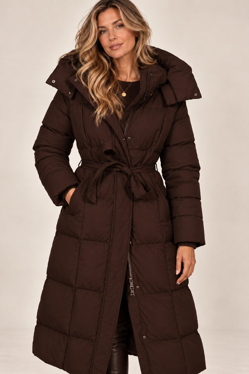 Isabella puffer jacket in brown, front view