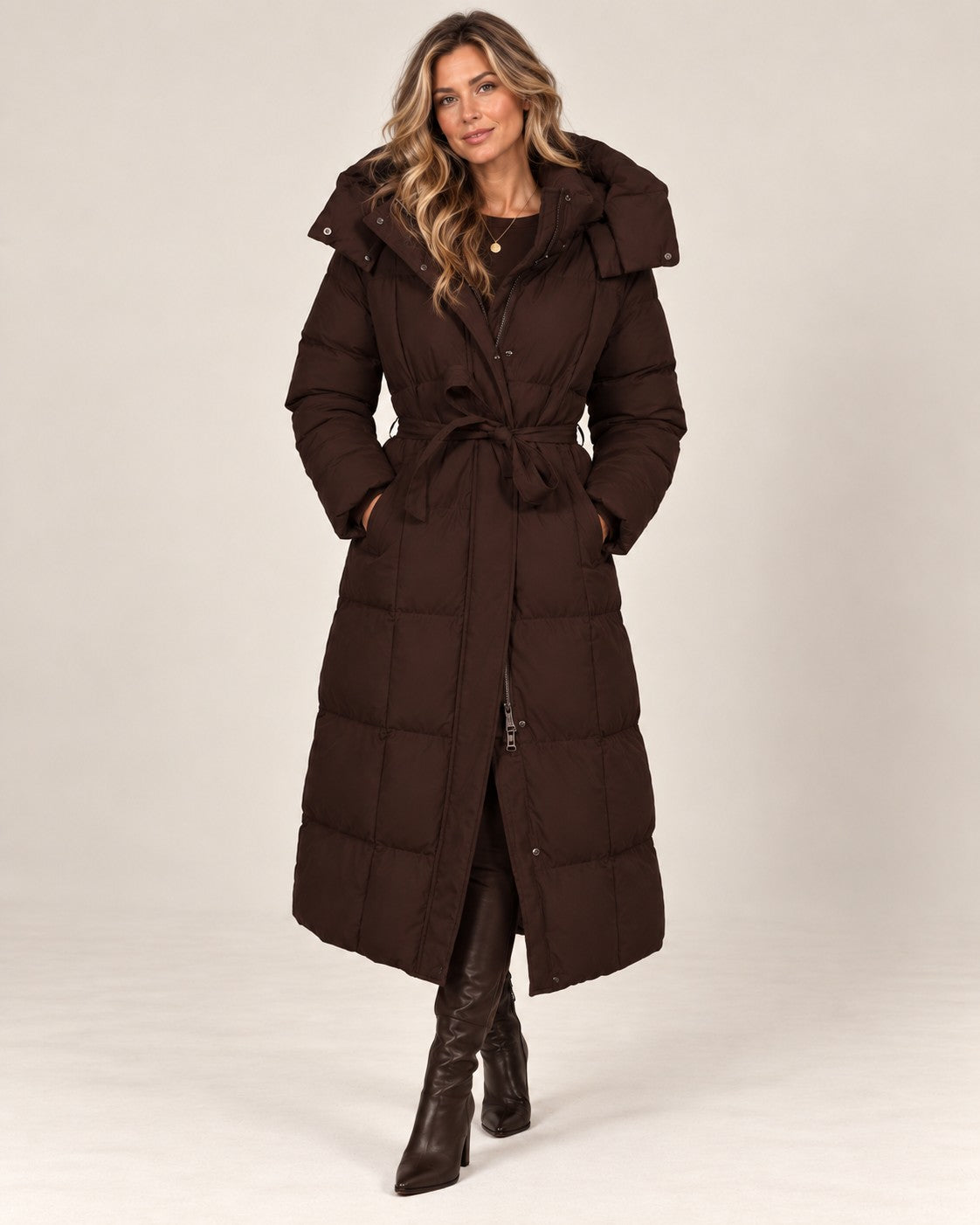 Isabella puffer jacket in brown, full length