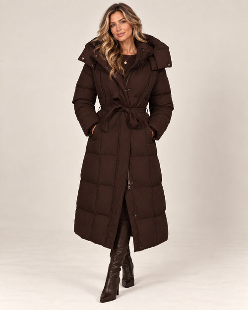 Isabella puffer jacket in brown, full length