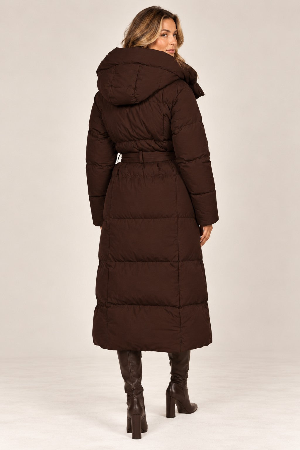 Isabella puffer jacket in brown, back view