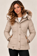 Louise puffer jacket in beige, front view