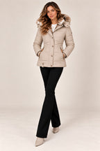 Louise puffer jacket in beige, full length
