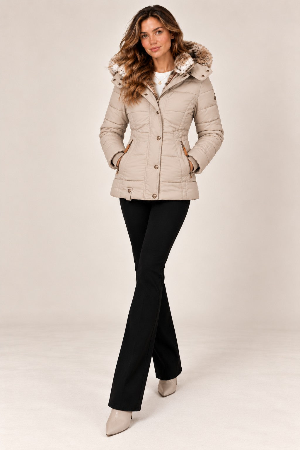 Louise puffer jacket in beige, full length