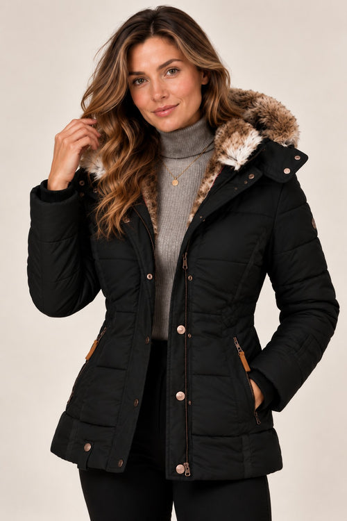 Louise puffer jacket in black, front view