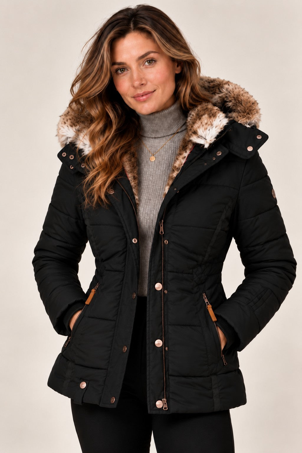 Louise puffer jacket in black, close-up