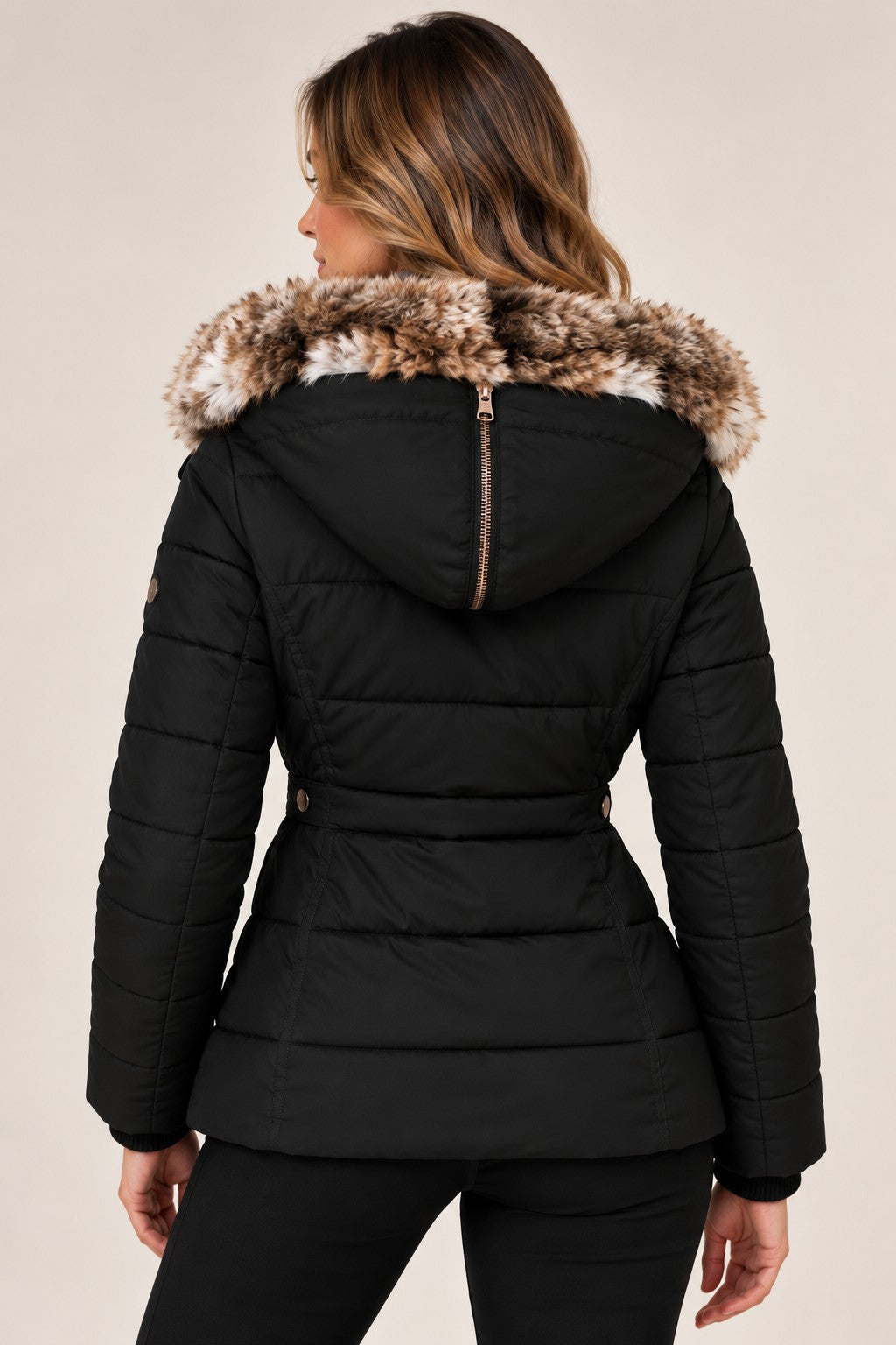 Louise puffer jacket in black, back view