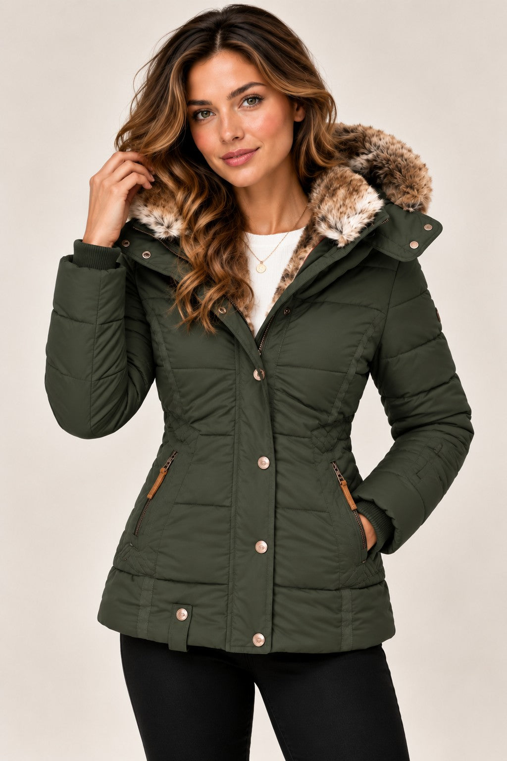 Louise puffer jacket in green, front view