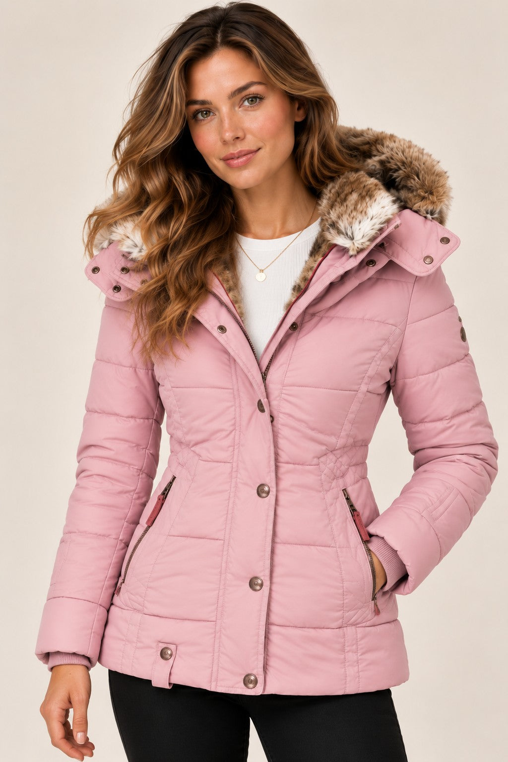 Louise puffer jacket in light pink, front view