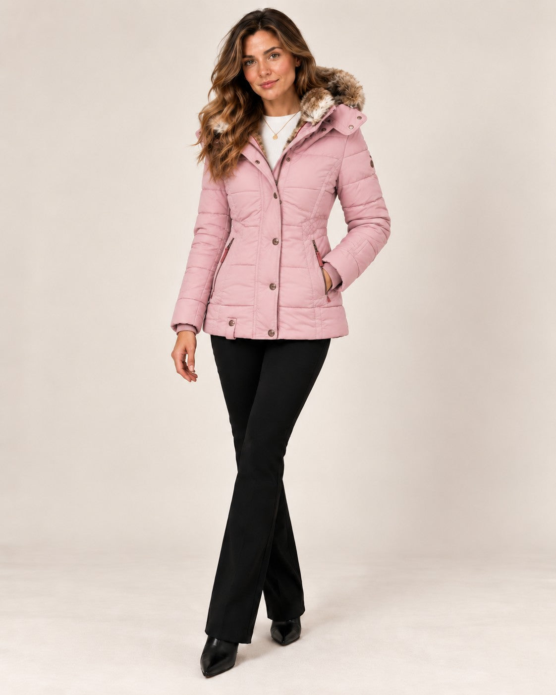 Louise puffer jacket in light pink, full length