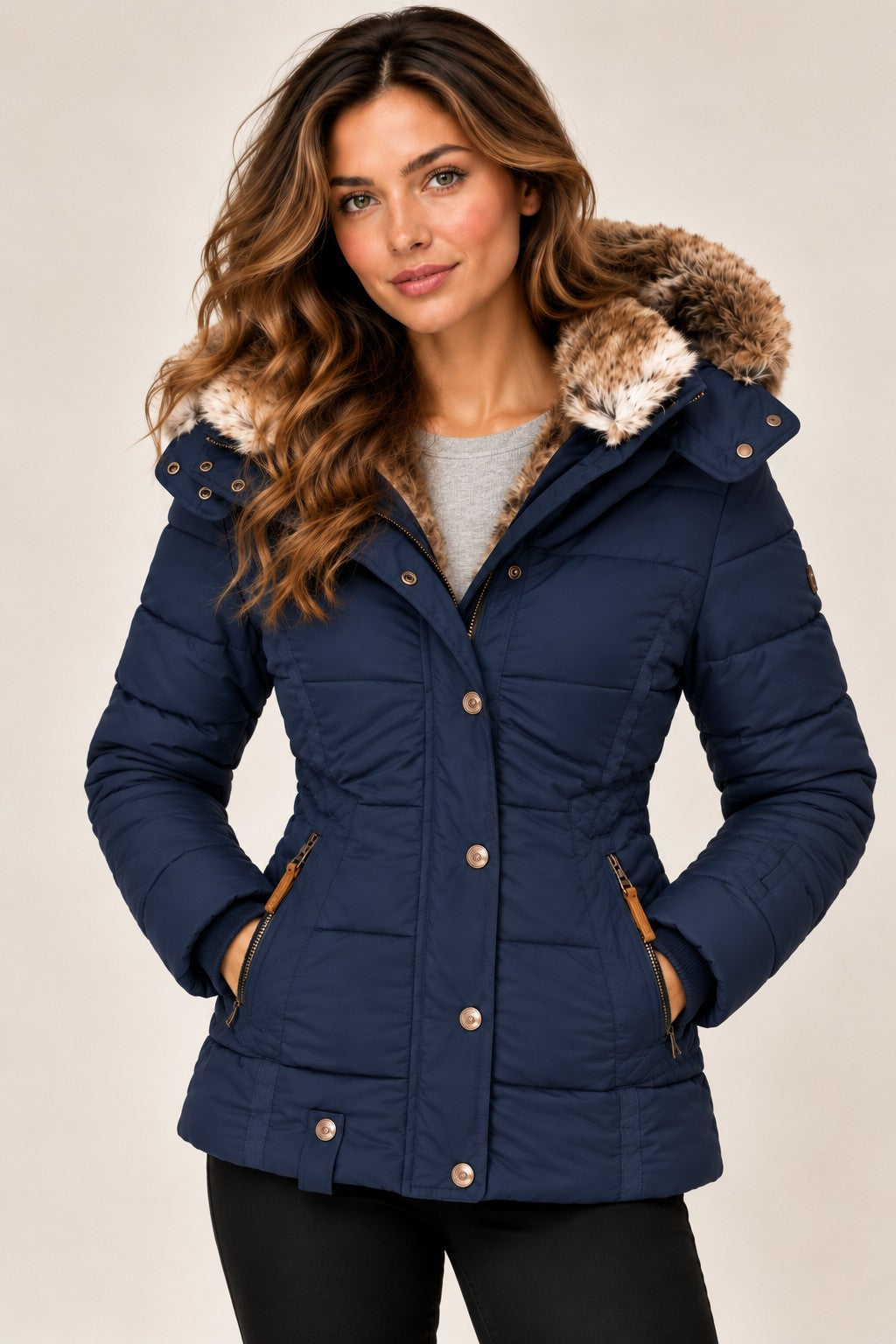 Louise puffer jacket in navy, front view