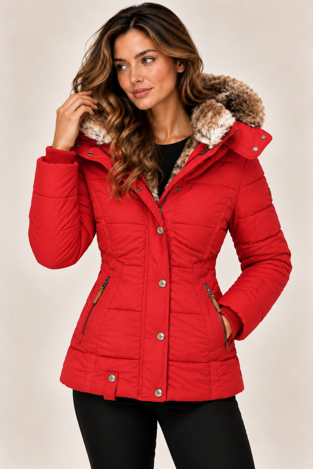 Louise puffer jacket in red, front view