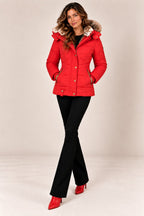 Louise puffer jacket in red, full length