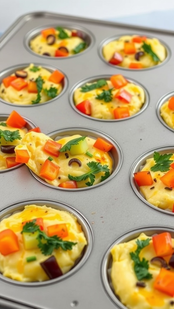 Keto egg muffins with colorful vegetables in a muffin tin.